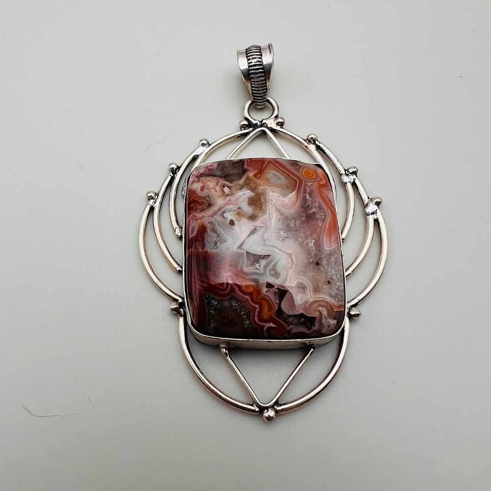 Lace Agate Silver Tone Pendant Large Ornate Frame Statement Boho Necklace